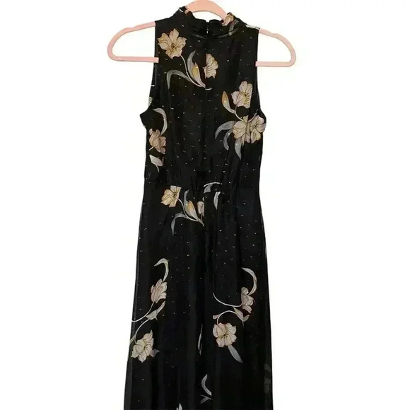 White House Black Market Womens Halter Maxi Dress Floral Keyhole Neck Black Sz 0 - Picture 3 of 4